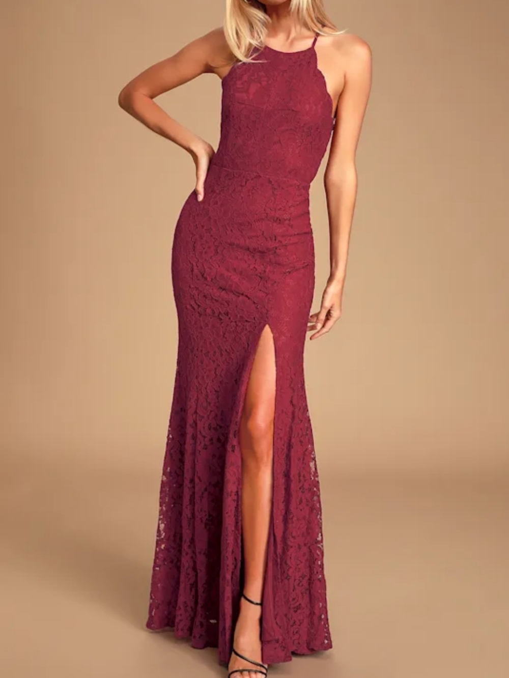 NWT Lulu's Burgundy Lace Halter Prom Gown with High Slit
